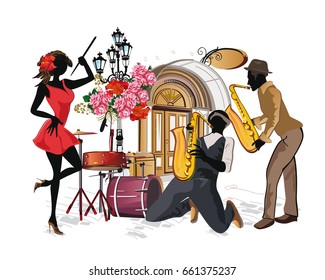 Series of musicians performing near a cafe decorated with flowers.