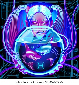 A series of neon Horoscope signs, in the style of cyberpunk. Zodiac Sign: Pisces