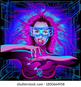 A series of neon Horoscope signs, in the style of cyberpunk. Zodiac Sign: Leo