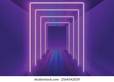 Series Of Neon Lights Illuminating On Purple Background. Design Vector Illustration Concept For Optical Illusion, Spaceship, Teleportation, Futuristic, Virtual Gaming Theme etc.