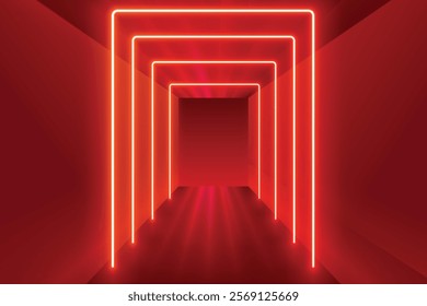 Series Of Neon Lights Illuminating On Red Background. Design Vector Illustration Concept For Optical Illusion, Spaceship, Teleportation, Futuristic, Virtual Gaming Theme etc.