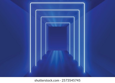 Series Of Neon Lights Illuminating On Blue Background. Design Vector Illustration Concept For Optical Illusion, Spaceship, Teleportation, Futuristic, Virtual Gaming Theme etc.