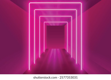 Series Of Neon Lights Illuminating On Pink Background. Design Vector Illustration Concept For Optical Illusion, Spaceship, Teleportation, Futuristic, Virtual Gaming Theme etc.	