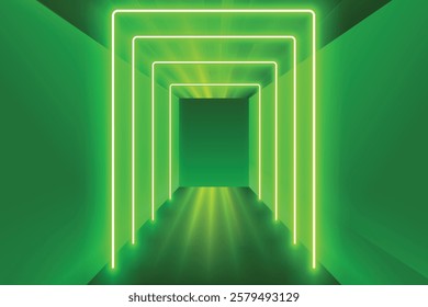 Series Of Neon Lights Illuminating On Green Background. Design Vector Illustration Concept For Optical Illusion, Spaceship, Teleportation, Futuristic, Virtual Gaming Theme etc.	