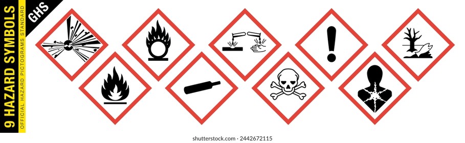 A series of nine red and white GHS hazard symbols for chemical safety and warning signs.