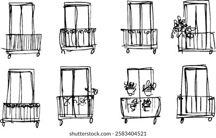 A series of nine simple sketches depicting various balcony designs. Each sketch features different arrangements of windows, railings, and potted plants, showcasing a variety of styles and decorations.