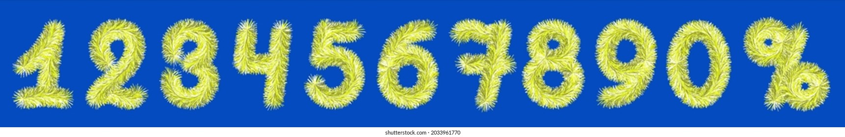 a series of numbers from 1 to 9 with a percentage sign drawn in the New Year's style, numbers made of tinsel