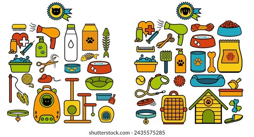 Series of object pictograms for cats and dogs drawn in color.