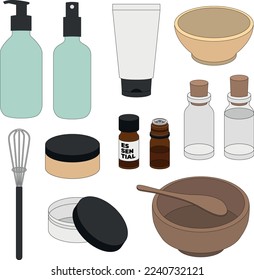 Serie de objetos recipientes para preparaciones cosméticas a partir de productos naturales, botellas de vidrio, tubo de plástico, tarro para crema, aceite esencial, bigote y recipientes