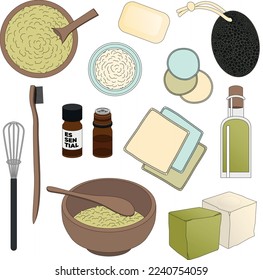 Serie von Objekten für die DIY-Gestaltung der natürlichen Pflege mit Pulver, pflanzlichen Ölen, ätherischen Ölen, Shampoos und natürlichen Produkten