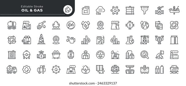  Serie - Petróleo, gas y combustible. Conjunto de iconos de línea en estilo lineal. Empresa minera de energía, refinería de gasolina y plataforma petrolera. Colección de iconos de esquema. Pictograma conceptual e infografía.