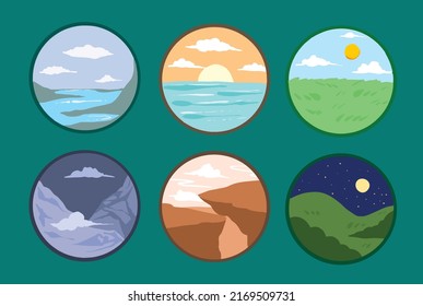 Series Of Oval Scenery Icon Thumbnail. Nature Vector Illustration With Flat Art Style, From Sea, Sunset, Mountain, Field, Sun, Night, Day, And Others.