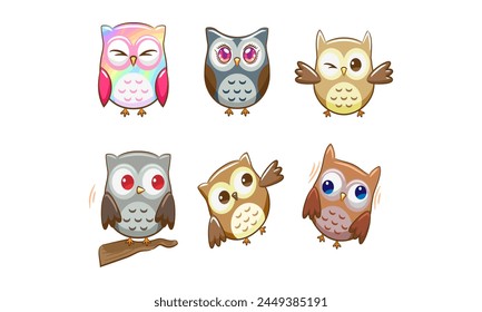 una serie de búhos con ojos de diferentes colores.
