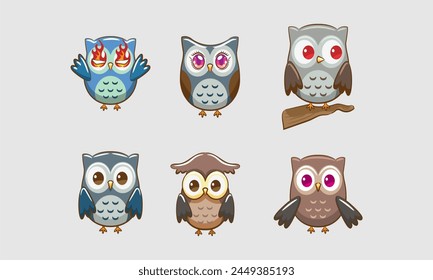 a series of owls with different colored eyes.