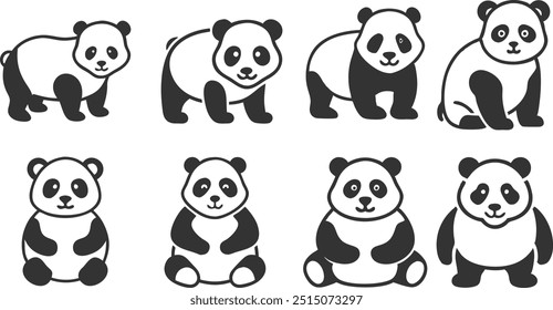 Una serie de osos panda en diferentes tamaños y poses. Los osos panda son todos blancos y negros