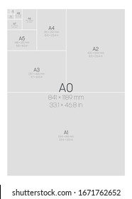 A Series Paper Sizes. With labels and dimensions in milimeters and inches. Simple flat vector illustration.