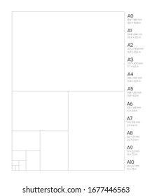 A Series Paper Sizes. With labels and dimensions in milimeters and inches. Simple flat vector illustration.