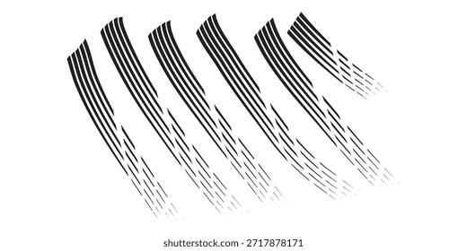 Una serie de pinceladas negras paralelas con un efecto texturizado, dispuestas en un patrón curvo sobre un fondo blanco.
