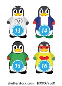 series of penguins numbered from one to one hundred, with different personalities and editable vector outfits for classroom and children's learning