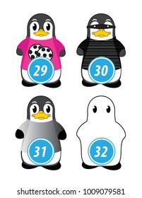 series of penguins numbered from one to one hundred, with different personalities and editable vector outfits for classroom and children's learning