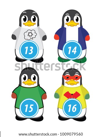 series of penguins numbered from one to one hundred, with different personalities and editable vector outfits for classroom and children's learning