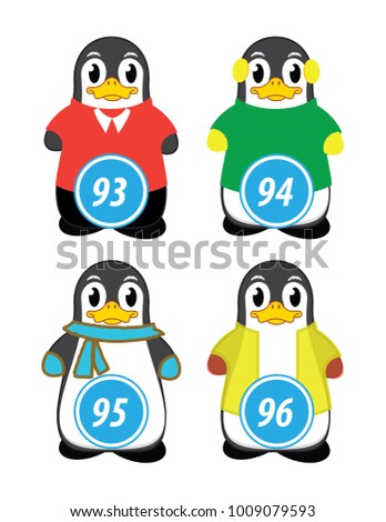 series of penguins numbered from one to one hundred, with different personalities and editable vector outfits for classroom and children's learning