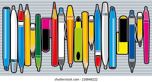 series of pens and pencils