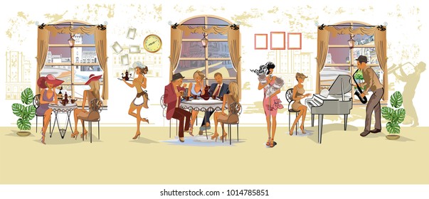 Series of people drinking coffee inside romantic café, jazz musicians, waiters serve the tables. Hand drawn illustrations.