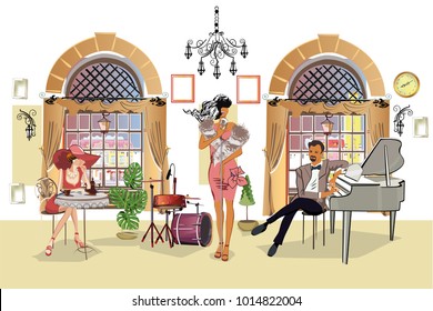 Series of people drinking coffee inside romantic café, jazz musicians, waiters serve the tables. Hand drawn illustrations.