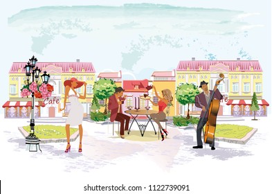 Series of people drinking coffee inside romantic café, jazz musicians, waiters serve the tables. Hand drawn illustrations.