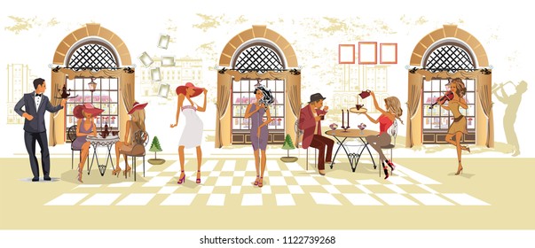 Series of people drinking coffee inside romantic café, jazz musicians, waiters serve the tables. Hand drawn illustrations.