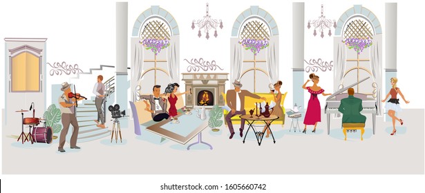 Series of people drinking coffee inside romantic café, jazz musicians, waiters serve the tables. Hand drawn illustrations.