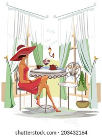 Series of people drinking coffee inside cafe, fashion girl sitting at the table