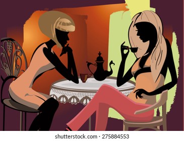 Series of people drinking coffee inside cafe, fashion girls 
