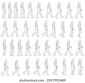 A series of people walking in a line. The people are all the same size and are walking in a straight line. Human walking sequence. Side view