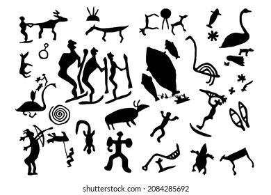 A series of petroglyphs, cave drawings, vector design