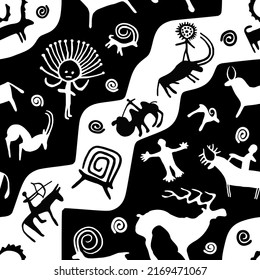 Eine Reihe von Petroglyphen, Höhlenzeichnungen, Vektordesign, nahtloses Muster