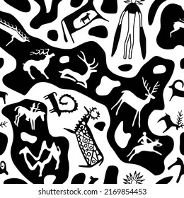 A series of petroglyphs, cave drawings, vector design, seamless pattern