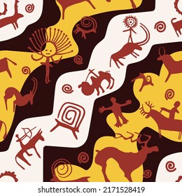 A series of petroglyphs, cave drawings, vector design, seamless pattern