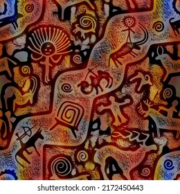 A series of petroglyphs, cave drawings, vector design, seamless pattern