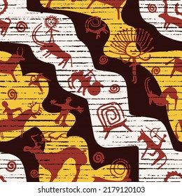 A series of petroglyphs, cave drawings, vector design, seamless pattern