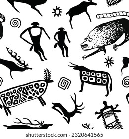 A series of petroglyphs, cave drawings, vector design, seamless pattern