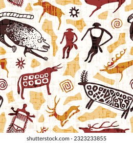 A series of petroglyphs, cave drawings, vector design, seamless pattern
