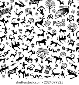 A series of petroglyphs, cave drawings, vector design, seamless pattern