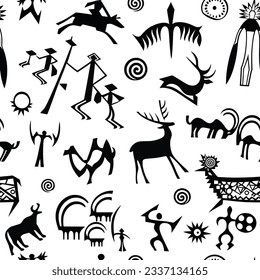 A series of petroglyphs, cave drawings, vector design, seamless pattern