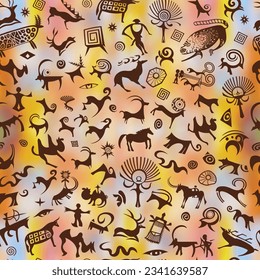 A series of petroglyphs, cave drawings, vector design, seamless pattern