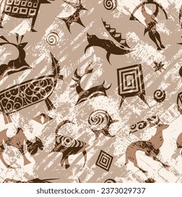 A series of petroglyphs, cave drawings, vector design, seamless pattern