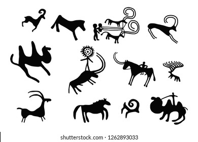 A series of petroglyphs, rock paintings of Central Asia (Kazakhstan), vector design