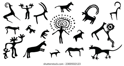 A series of petroglyphs, rock paintings of Central Asia, isolated on white background, vector design
