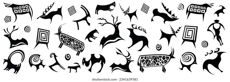 A series of petroglyphs, rock paintings of Central Asia, isolated on white background, vector design